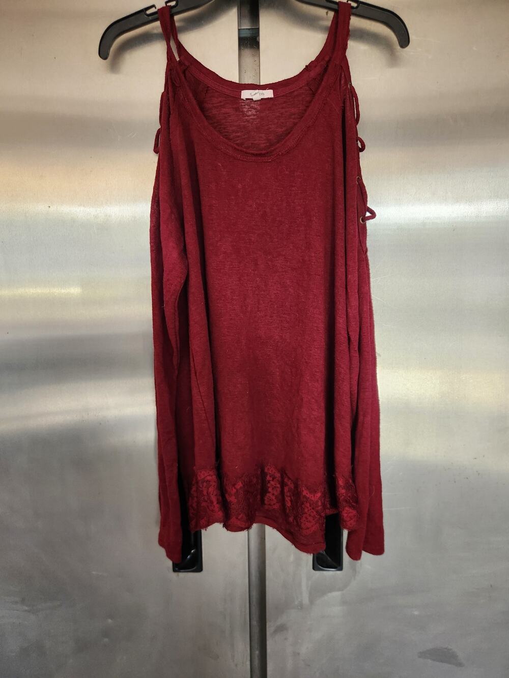 Maurices Womens Cold Shoulder Top XL Burgundy Red Knit Lace Up Sleeve Tunic Boho